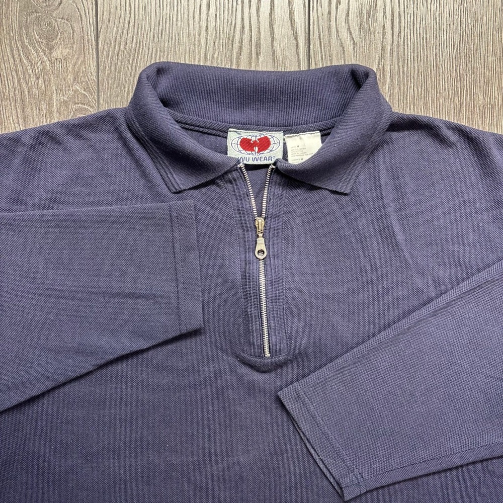 Wu Wear Vintage Mens Medium Navy Blue Quarter Zip Long Sleeve Polo Shirt Knit